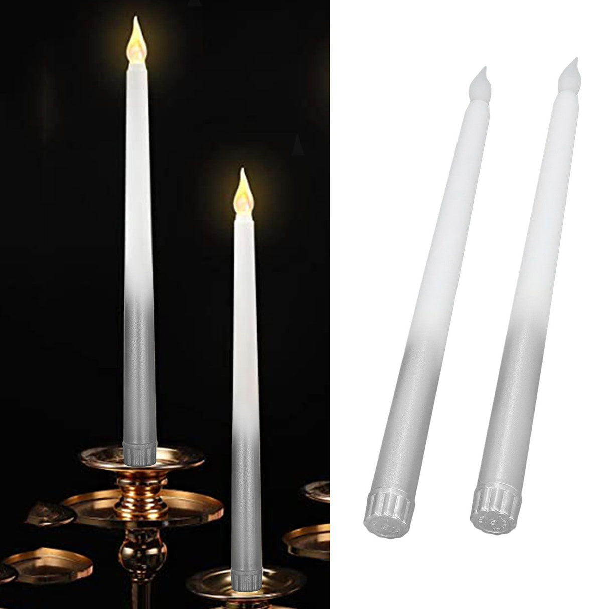 2pcs LED Taper Candles Battery Powered Flameless LED Candle Sticks for Festival Wedding Birthday Party Half Spray Silver