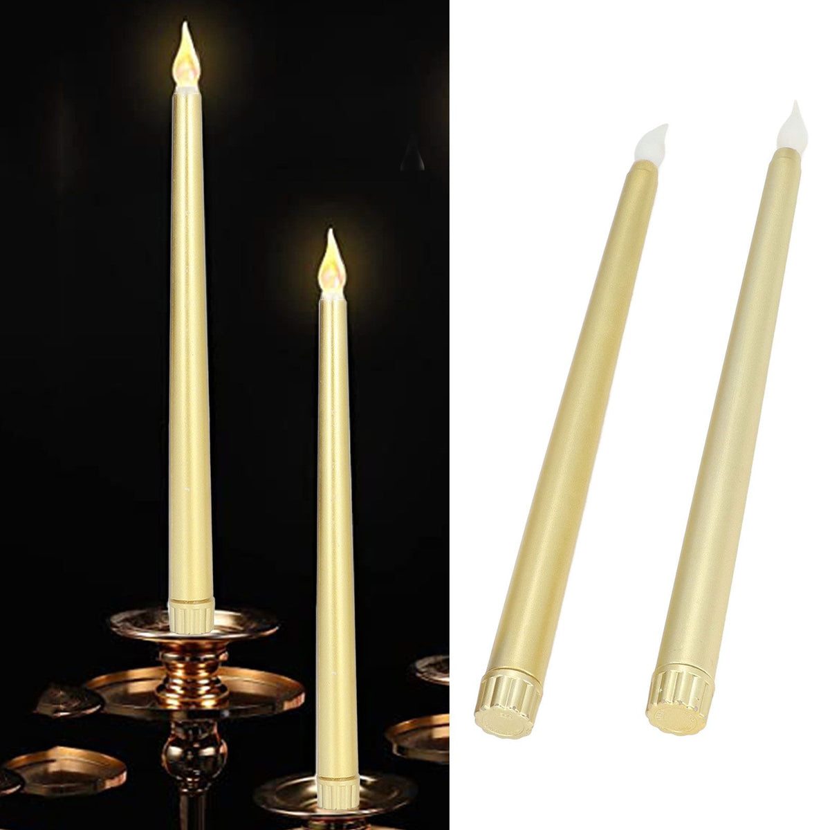 2pcs LED Taper Candles Battery Powered Flameless LED Candle Sticks for Festival Wedding Birthday Party Full Spray Gold