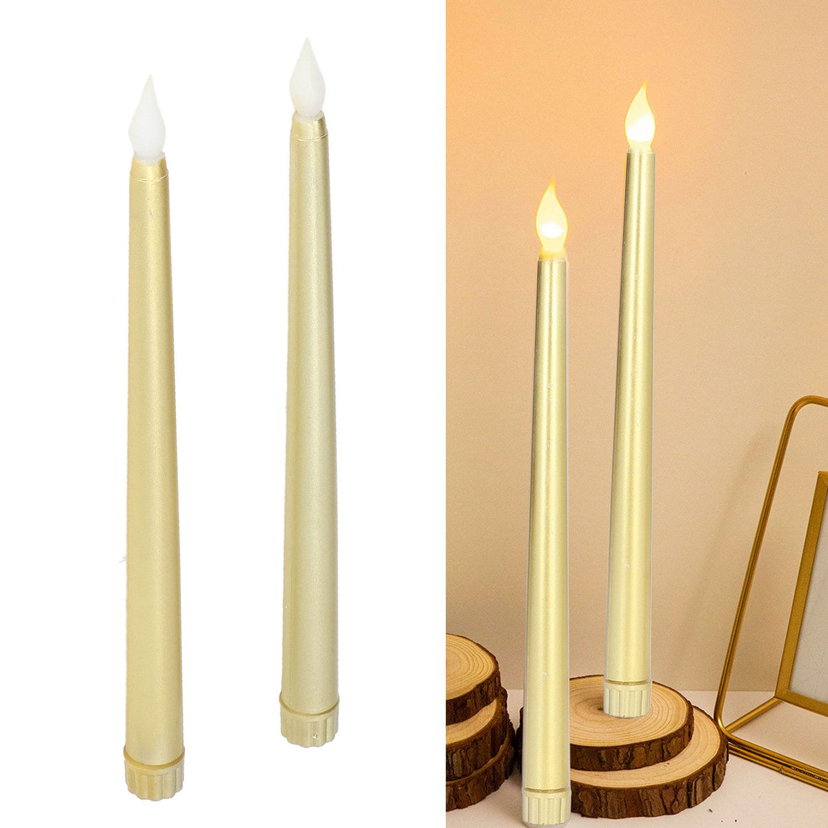2pcs LED Taper Candles Battery Powered Flameless LED Candle Sticks for Festival Wedding Birthday Party Full Spray Gold