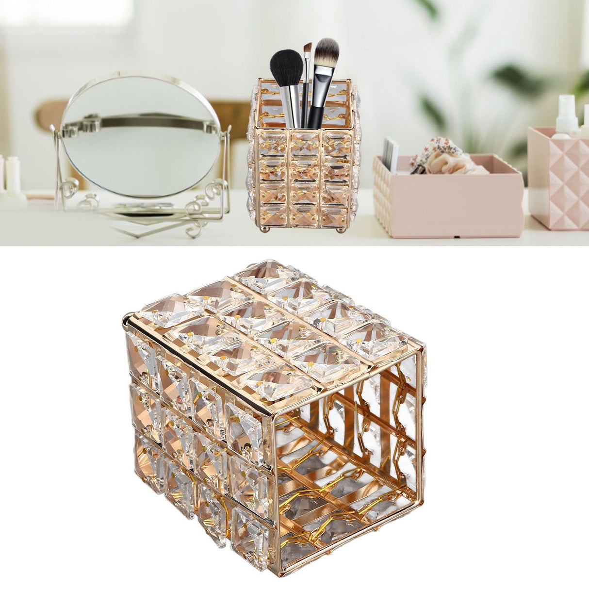 European Style Crystal Storage Box Crystal Jewelry Trinket Box Square Earrings Rings Organizer for Gift Giving Home Decoration Gold