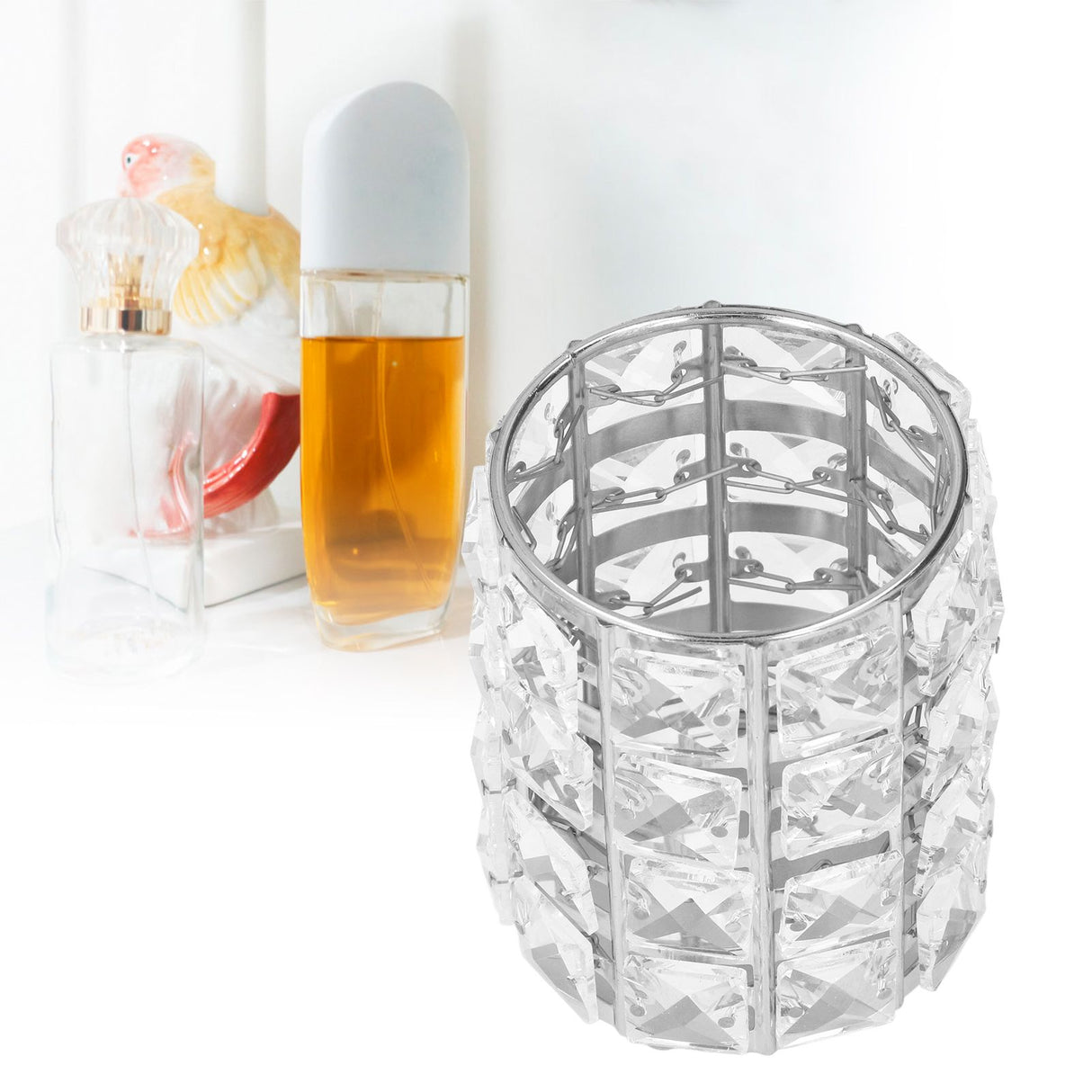 Makeup Brush Holder Crystal Metal Durable Elegant Style Wide Application Pen Holder for Brush Pencil Jewelry Silver