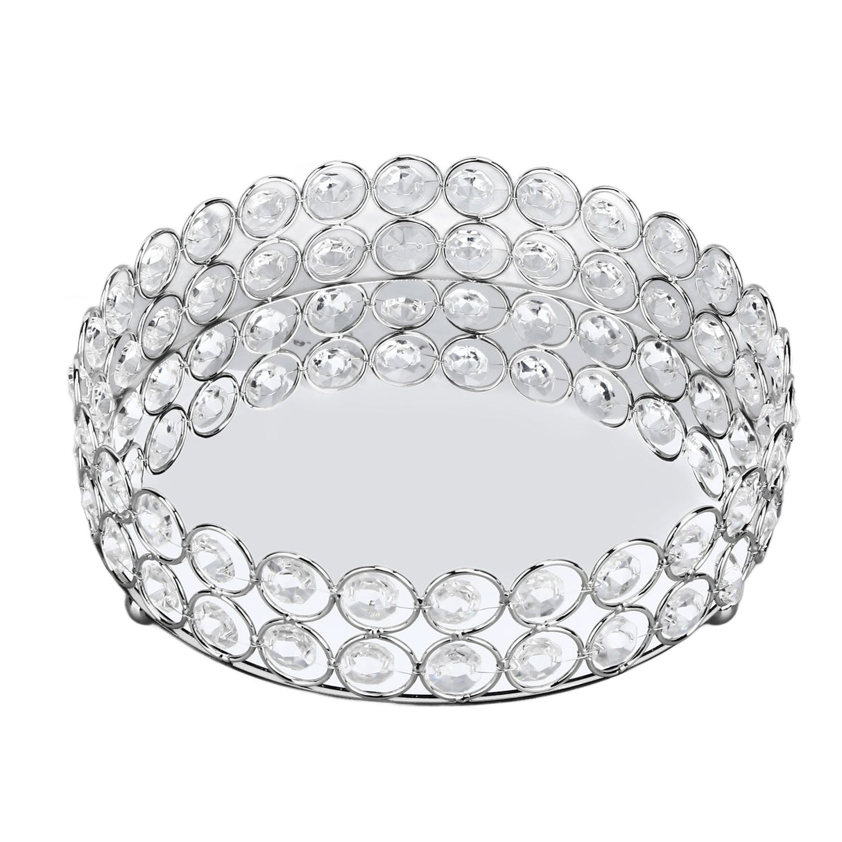 Crystal Cosmetic Makeup Tray 8in Round Display Tray Mirrored Metal Welded Structure for Food Perfume Jewelry Wine Silver