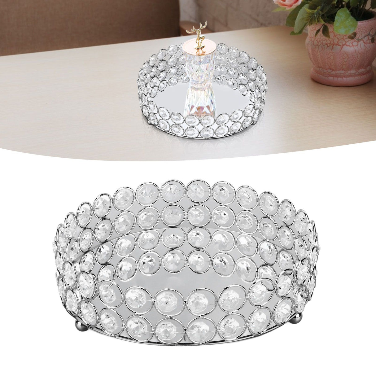 Crystal Cosmetic Makeup Tray 8in Round Display Tray Mirrored Metal Welded Structure for Food Perfume Jewelry Wine Silver