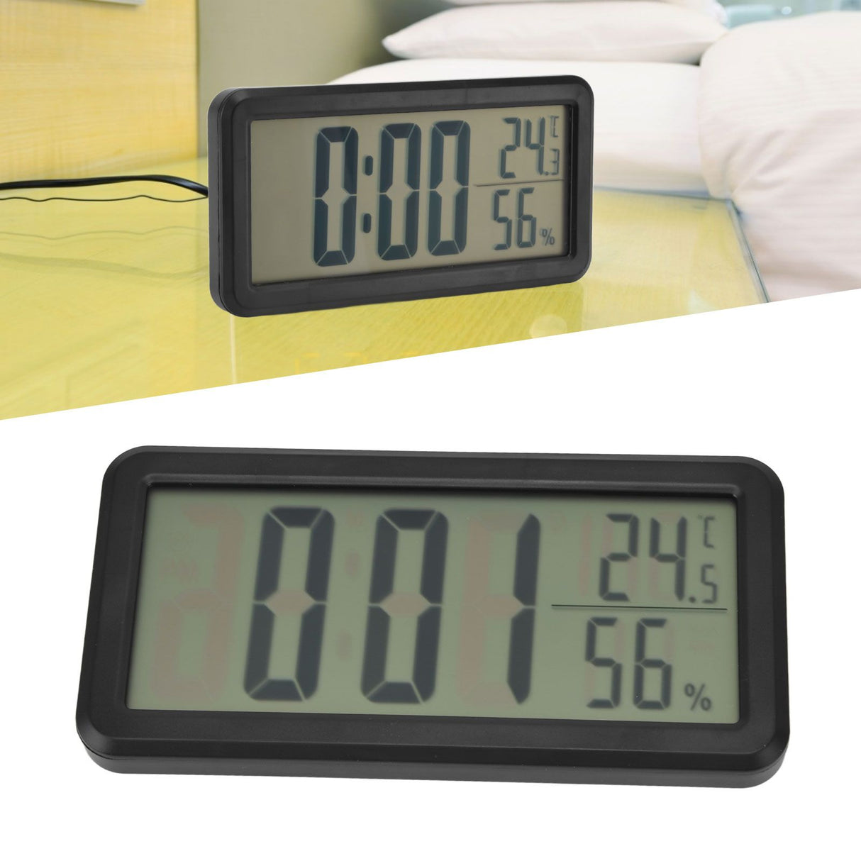 Digital Alarm Clock Portable Black Temperature Humidity Wall Mounted LCD Digital Electronic Clock for Dormitory Desktop