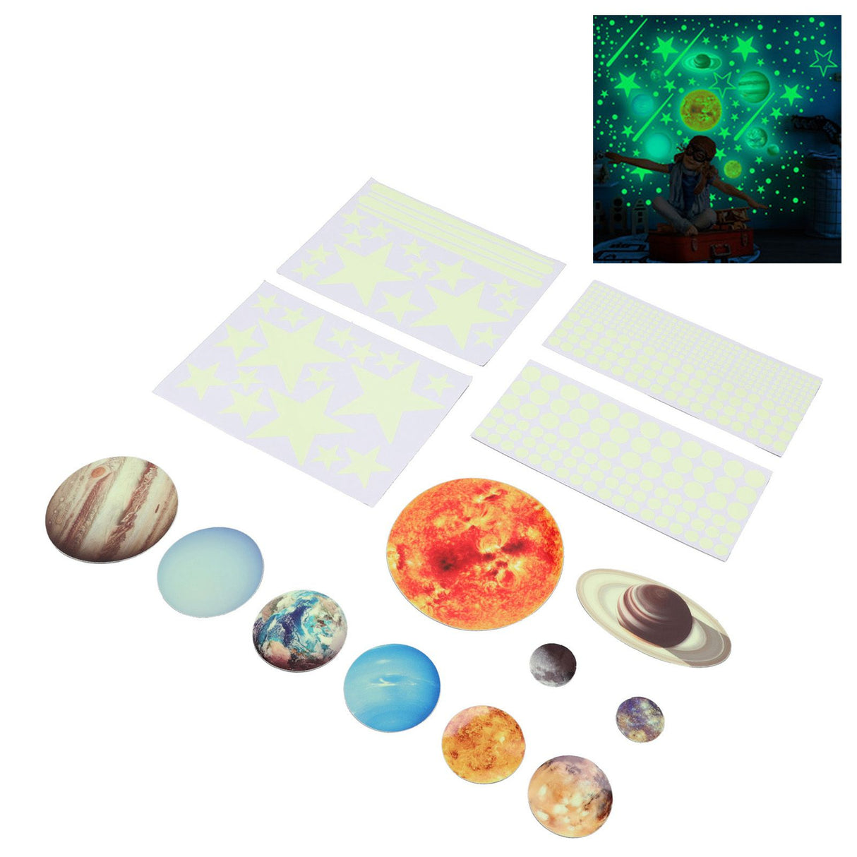 14pcs Glowing Planets Wall Stickers Glow in The Dark Star Solar System Decal for Children Bedroom Nursery Mini Solar System