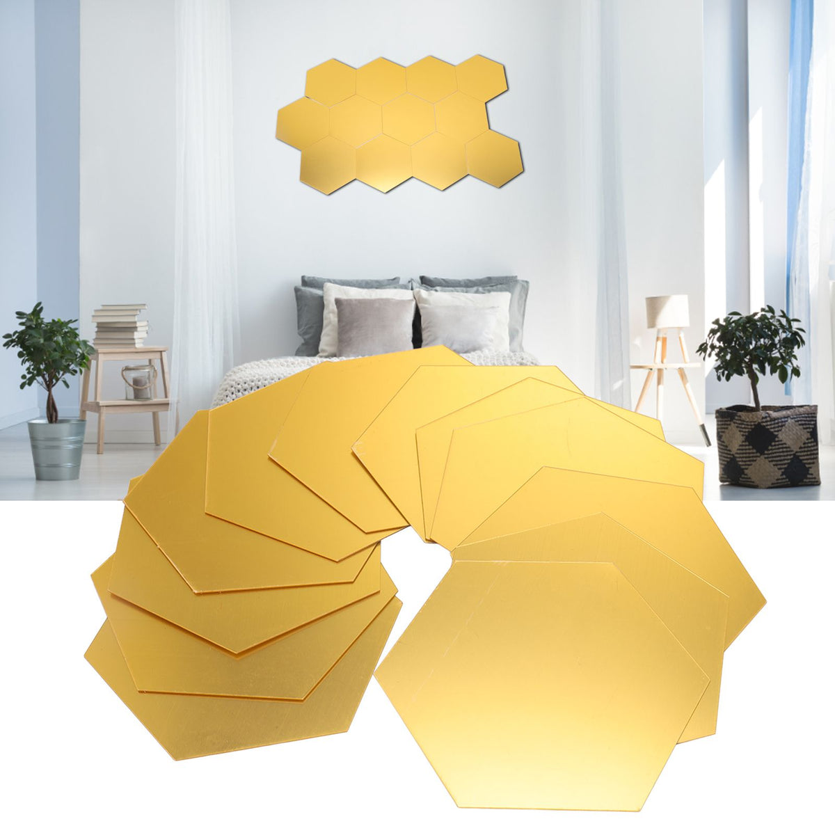 12Pcs Mirror Wall Sticker Gold Hex Shape Large Acrylic Mirror Wall Decal for Kitchen Bathroom Bedroom Living Room Gold XL：15cm