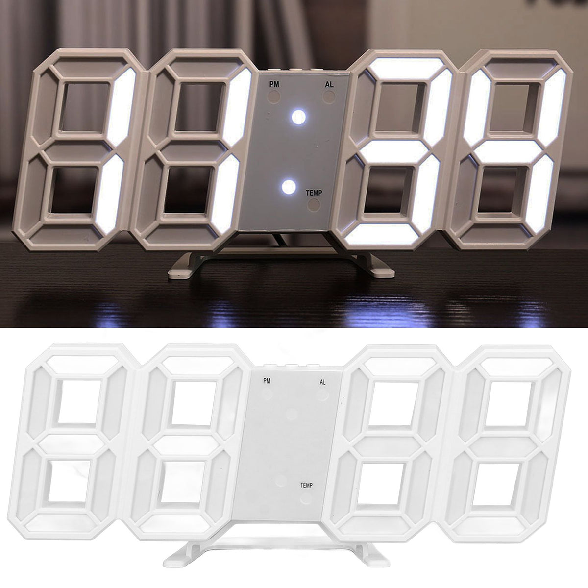 3D LED Wall Clock Minimalist White Frame Digital Wall Alarm Clock Timer with Temperature for Home Livingroom White Word