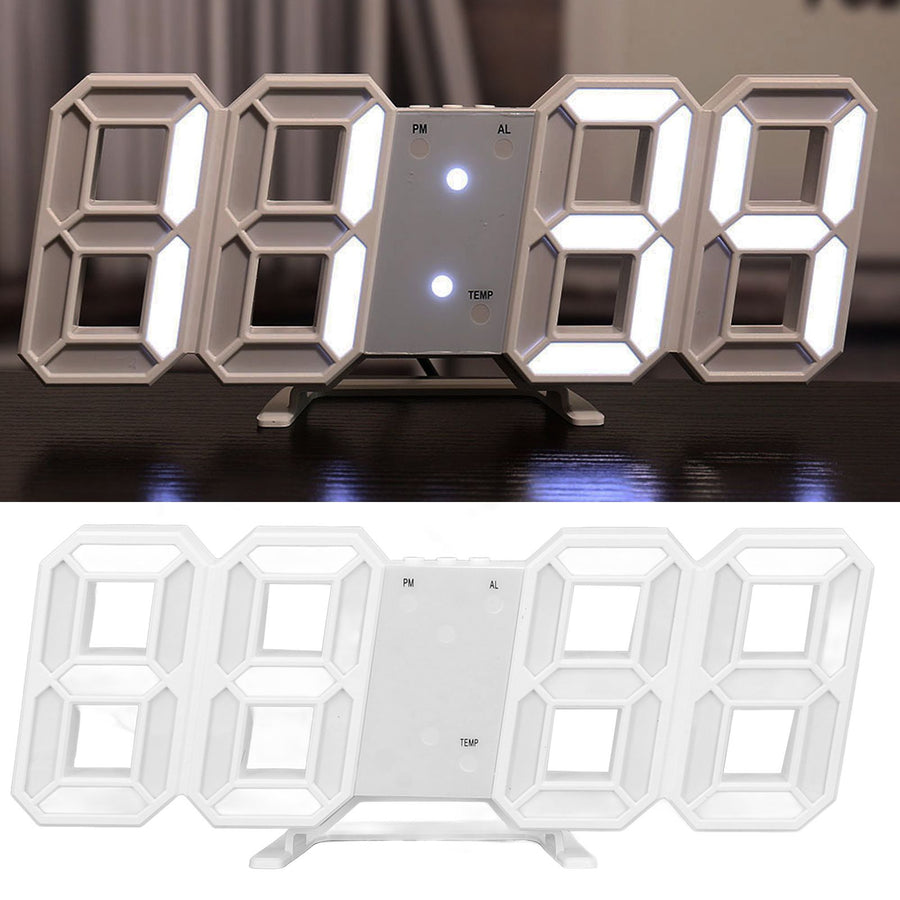 3D LED Wall Clock Minimalist White Frame Digital Wall Alarm Clock Timer with Temperature for Home Livingroom White Word