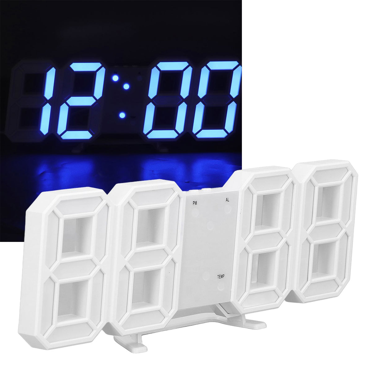 3D LED Wall Clock Minimalist White Frame Digital Wall Alarm Clock Timer with Temperature for Home Livingroom Blue Word