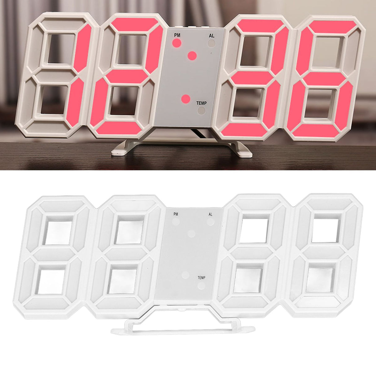 3D LED Wall Clock Minimalist White Frame Digital Wall Alarm Clock Timer with Temperature for Home Livingroom Red Word