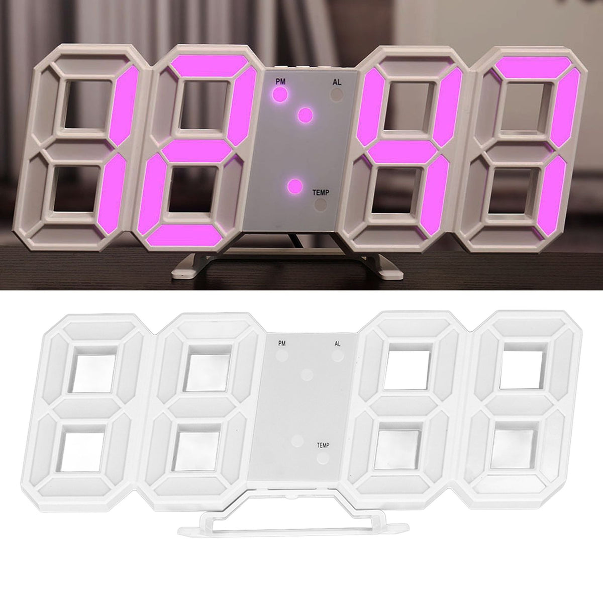 3D LED Wall Clock Minimalist White Frame Digital Wall Alarm Clock Timer with Temperature for Home Livingroom Pink Word