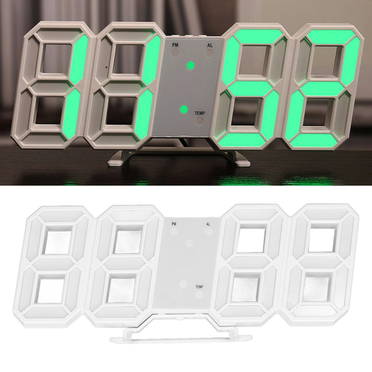 3D LED Wall Clock Minimalist White Frame Digital Wall Alarm Clock Timer with Temperature for Home Livingroom Green Word