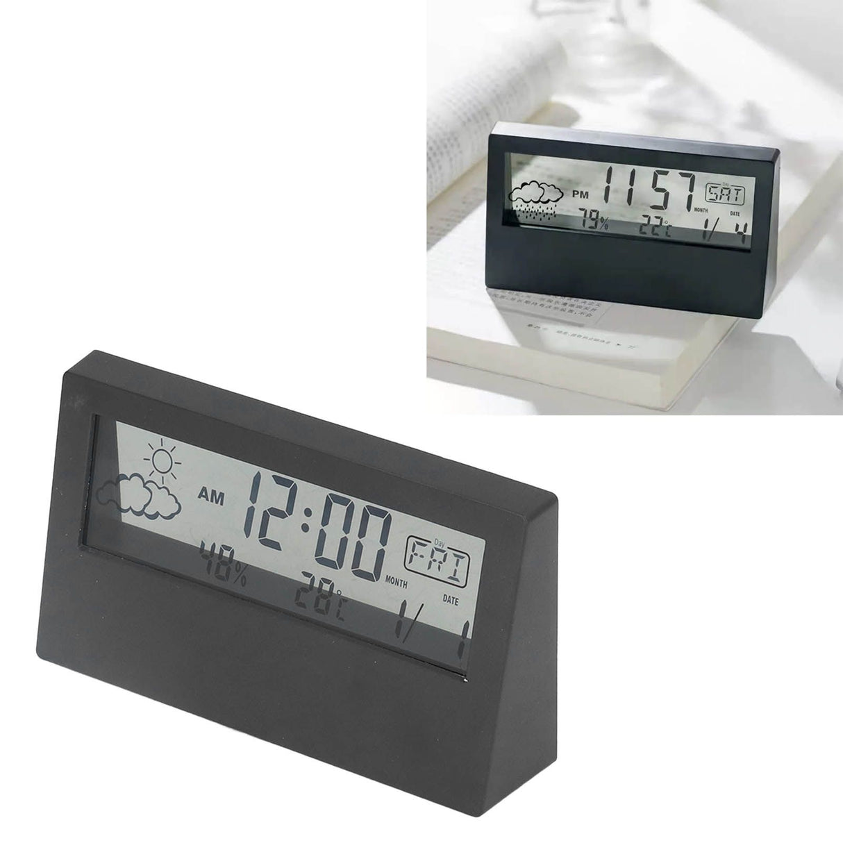 LCD Alarm Clock Transparent Multifunctional Large Screen Display Battery Powered Digital Alarm Clock for Home Travel Black