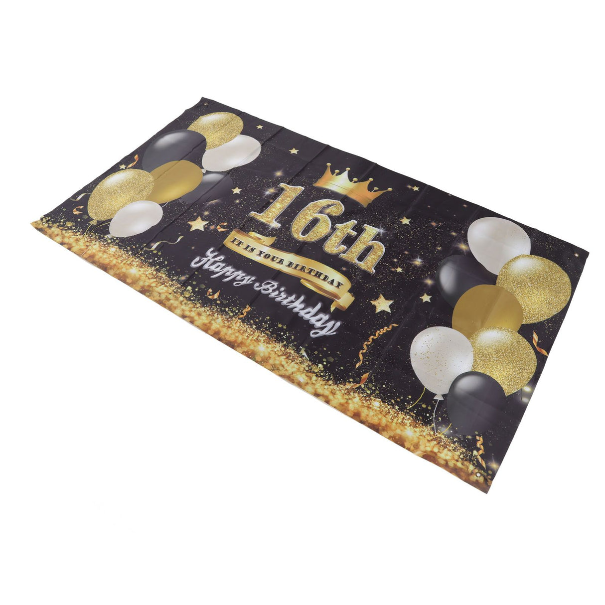 Happy Birthday Backdrop Washable Black Gold Balloon Fireworks Sign 16th Birthday Banner for Bedroom Yard