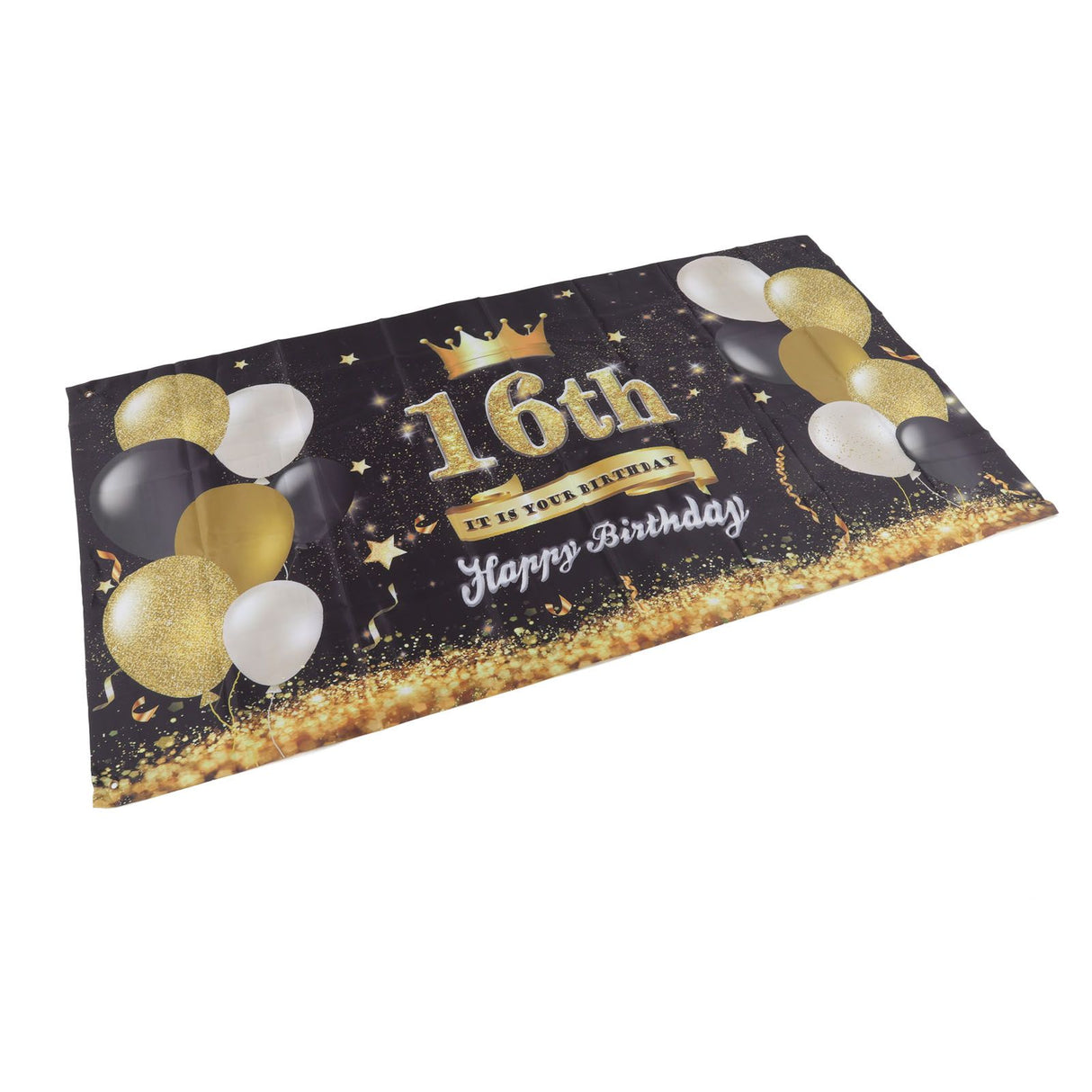 Happy Birthday Backdrop Washable Black Gold Balloon Fireworks Sign 16th Birthday Banner for Bedroom Yard