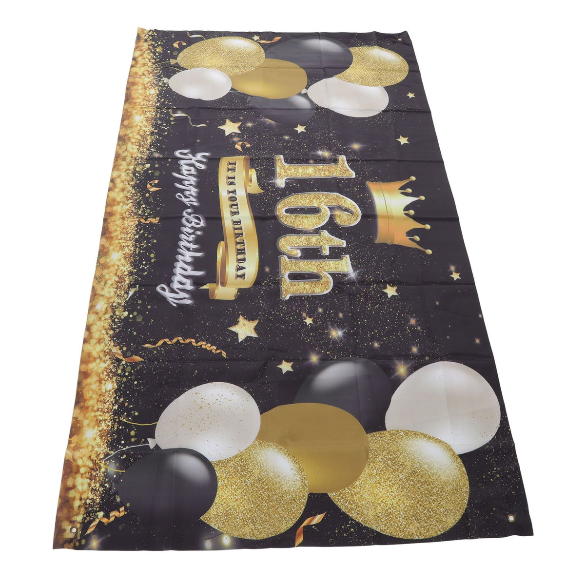 Happy Birthday Backdrop Washable Black Gold Balloon Fireworks Sign 16th Birthday Banner for Bedroom Yard
