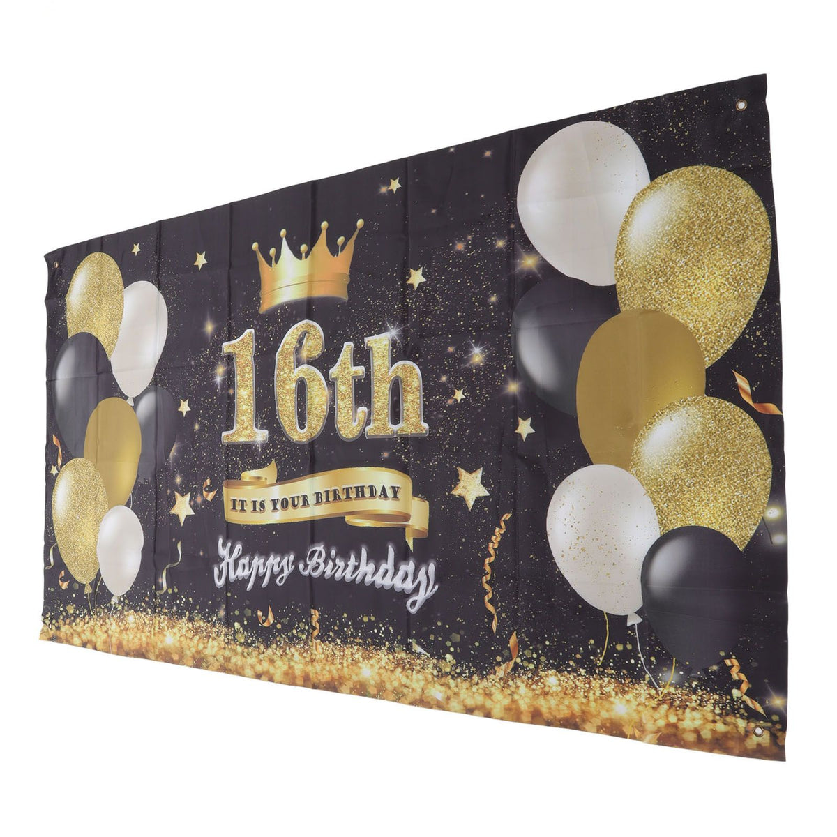 Happy Birthday Backdrop Washable Black Gold Balloon Fireworks Sign 16th Birthday Banner for Bedroom Yard
