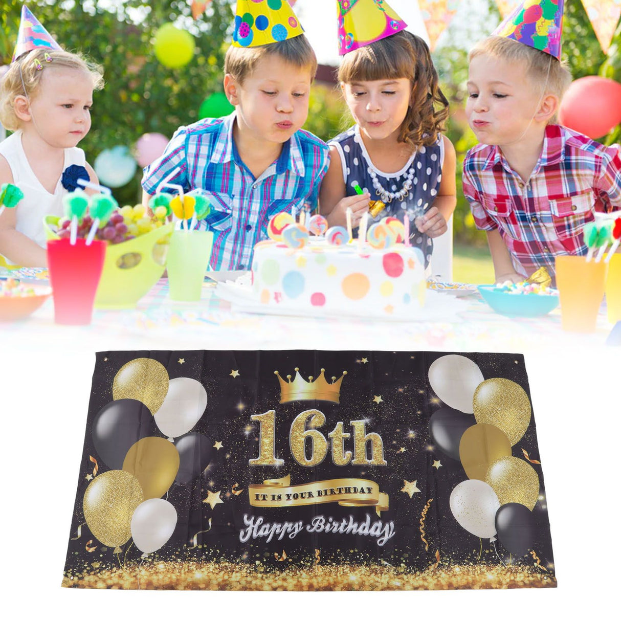 Happy Birthday Backdrop Washable Black Gold Balloon Fireworks Sign 16th Birthday Banner for Bedroom Yard