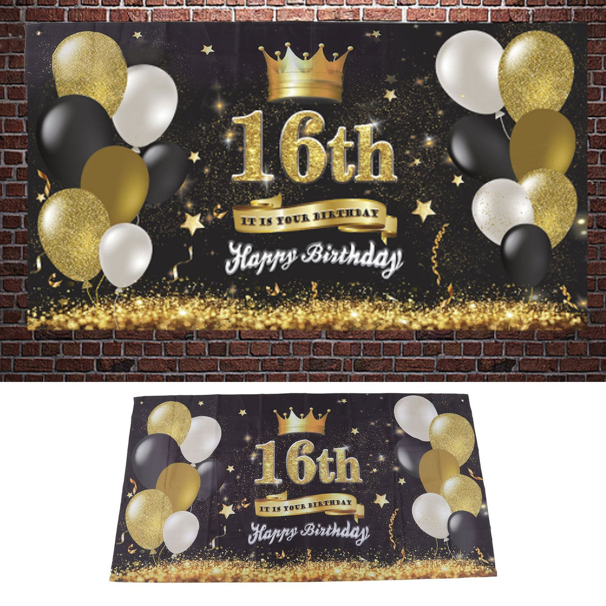 Happy Birthday Backdrop Washable Black Gold Balloon Fireworks Sign 16th Birthday Banner for Bedroom Yard