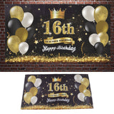 Happy Birthday Backdrop Washable Black Gold Balloon Fireworks Sign 16th Birthday Banner for Bedroom Yard