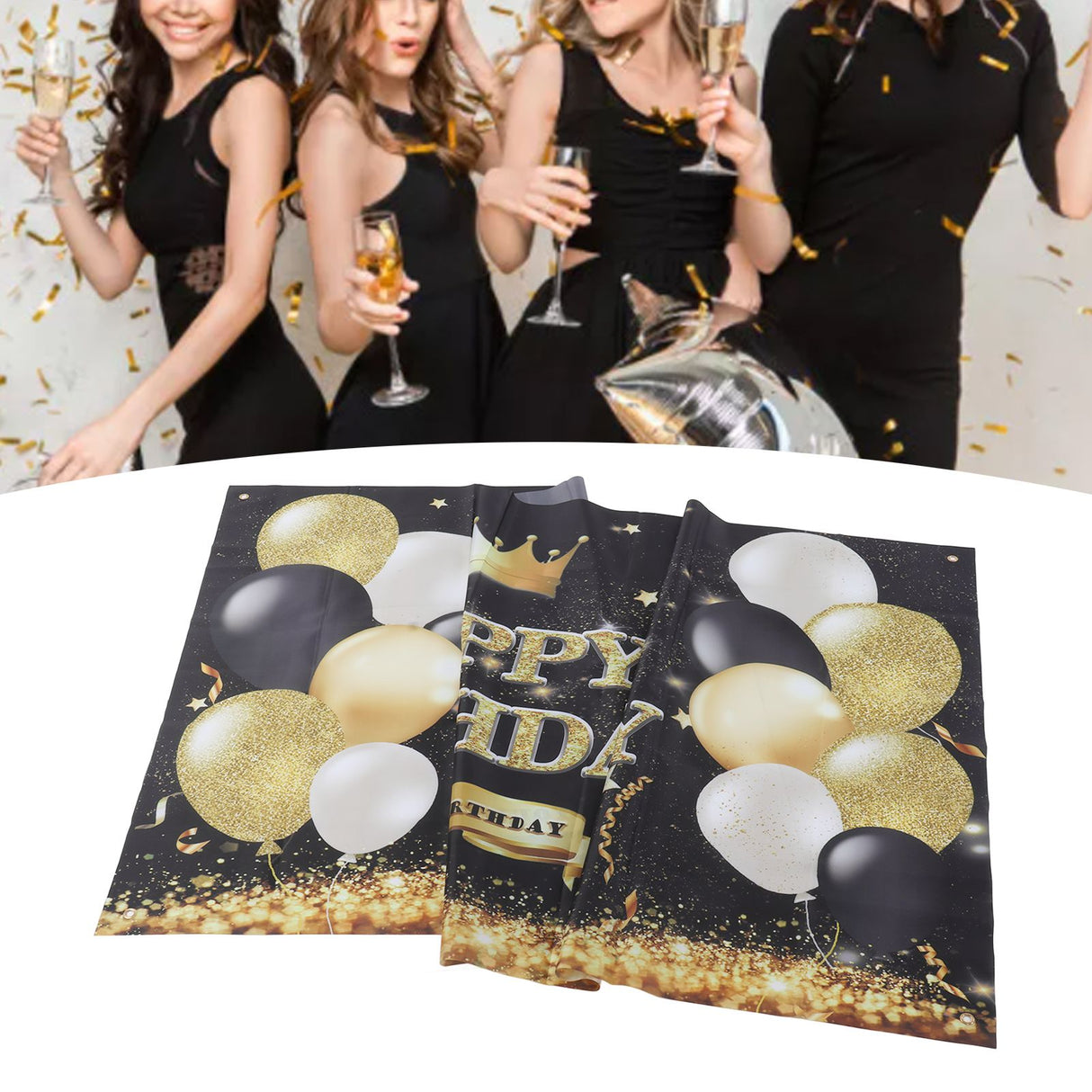 Happy Birthday Backdrop Banner Black and Gold Sign Poster Large Glitter Balloons Birthday Party Decoration