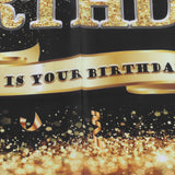 Happy Birthday Backdrop Banner Black and Gold Sign Poster Large Glitter Balloons Birthday Party Decoration