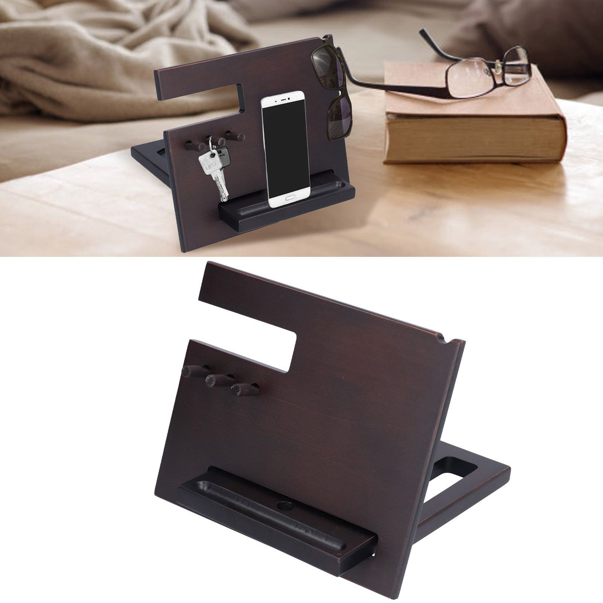 Wooden Mobile Phone Base Multifunctional Keychain Holder Storage Rack for Home Office