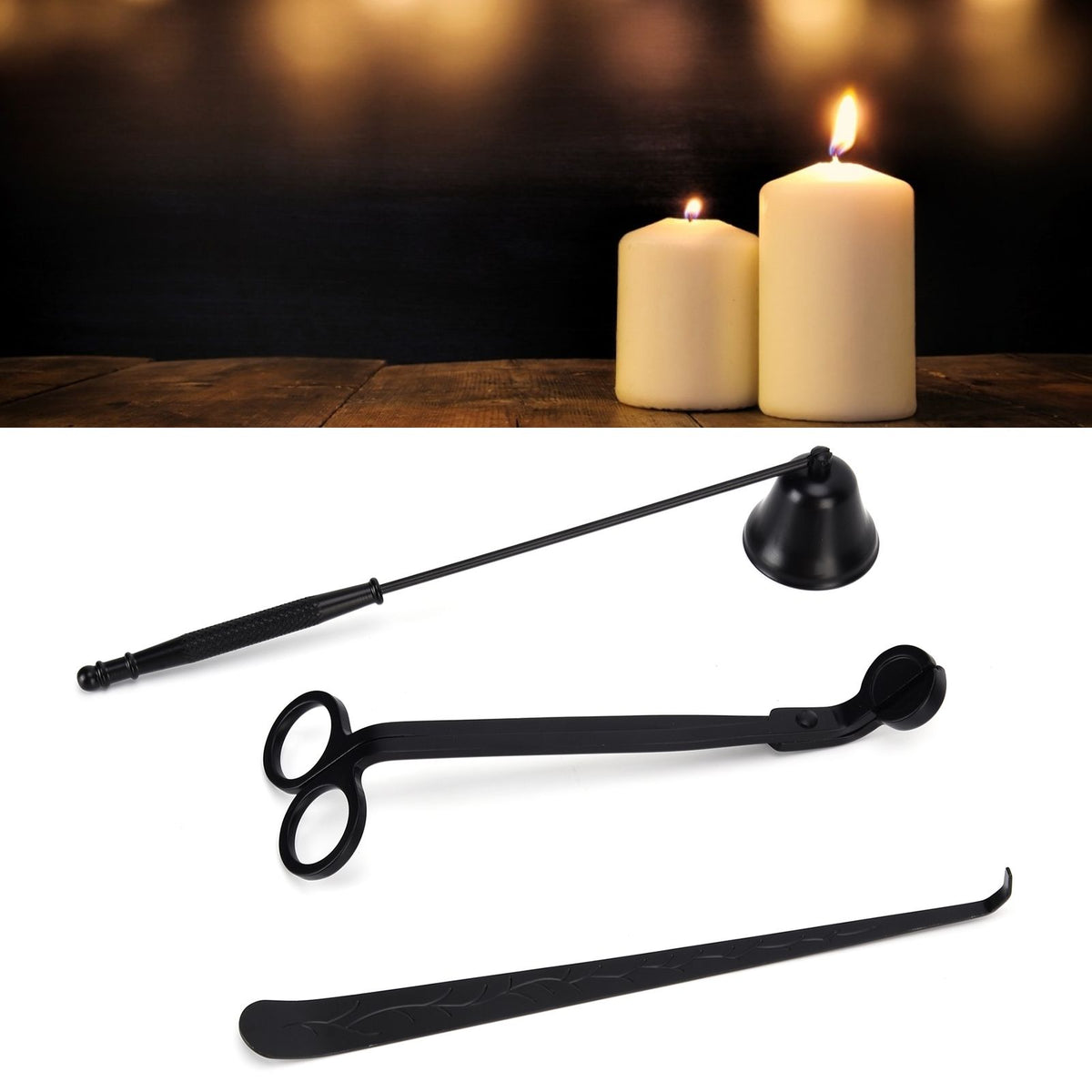 3PCS Candle Accessory Set Candle Wick Trimmer Cutter Snuffer Extinguisher Wick Dipper Gift SuppliesBlack