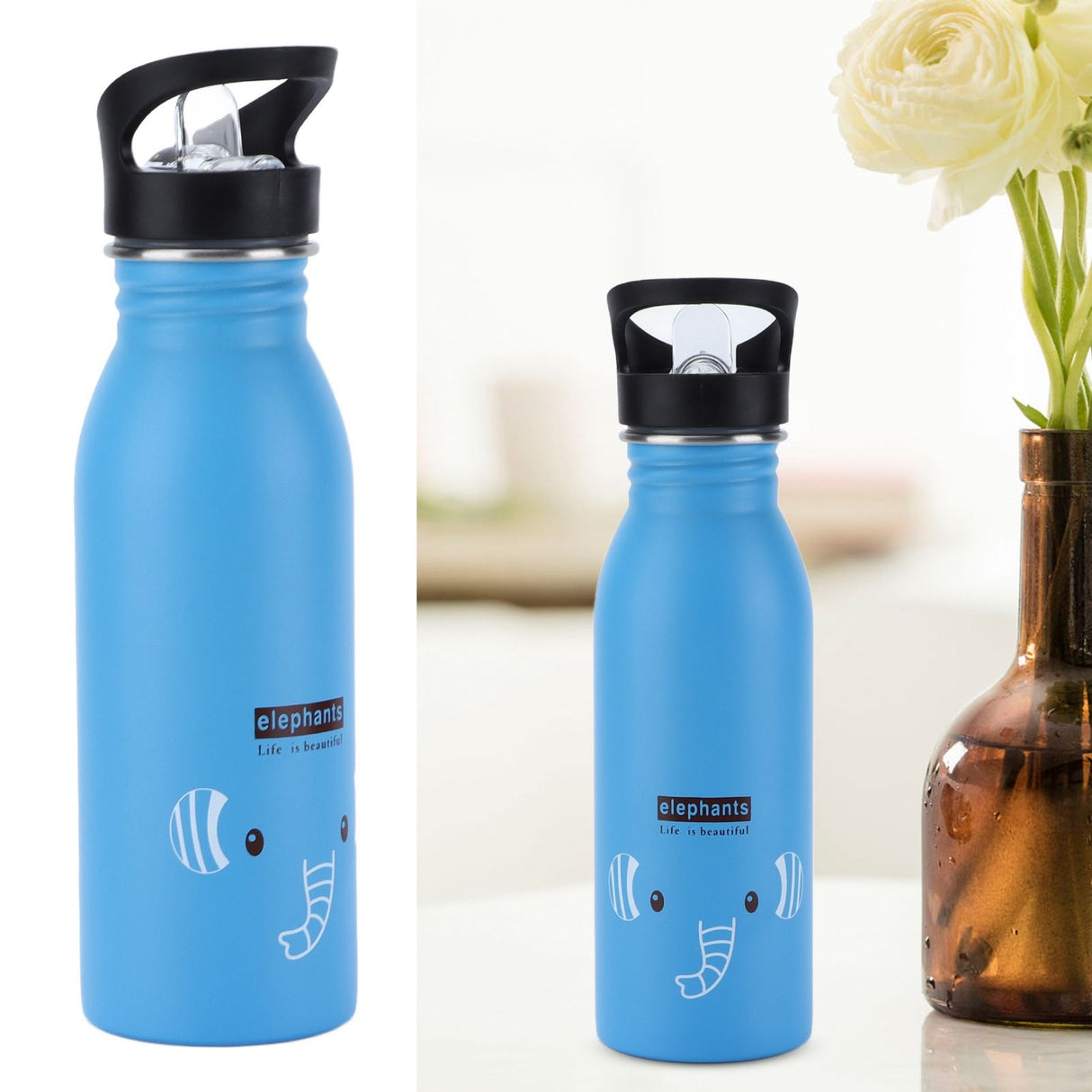 Stainless Steel Sport Water Bottle 500ml Cute Vacuum Insulated Water Bottle with Sucking Mouth for Outdoor SportsBlue Elephant