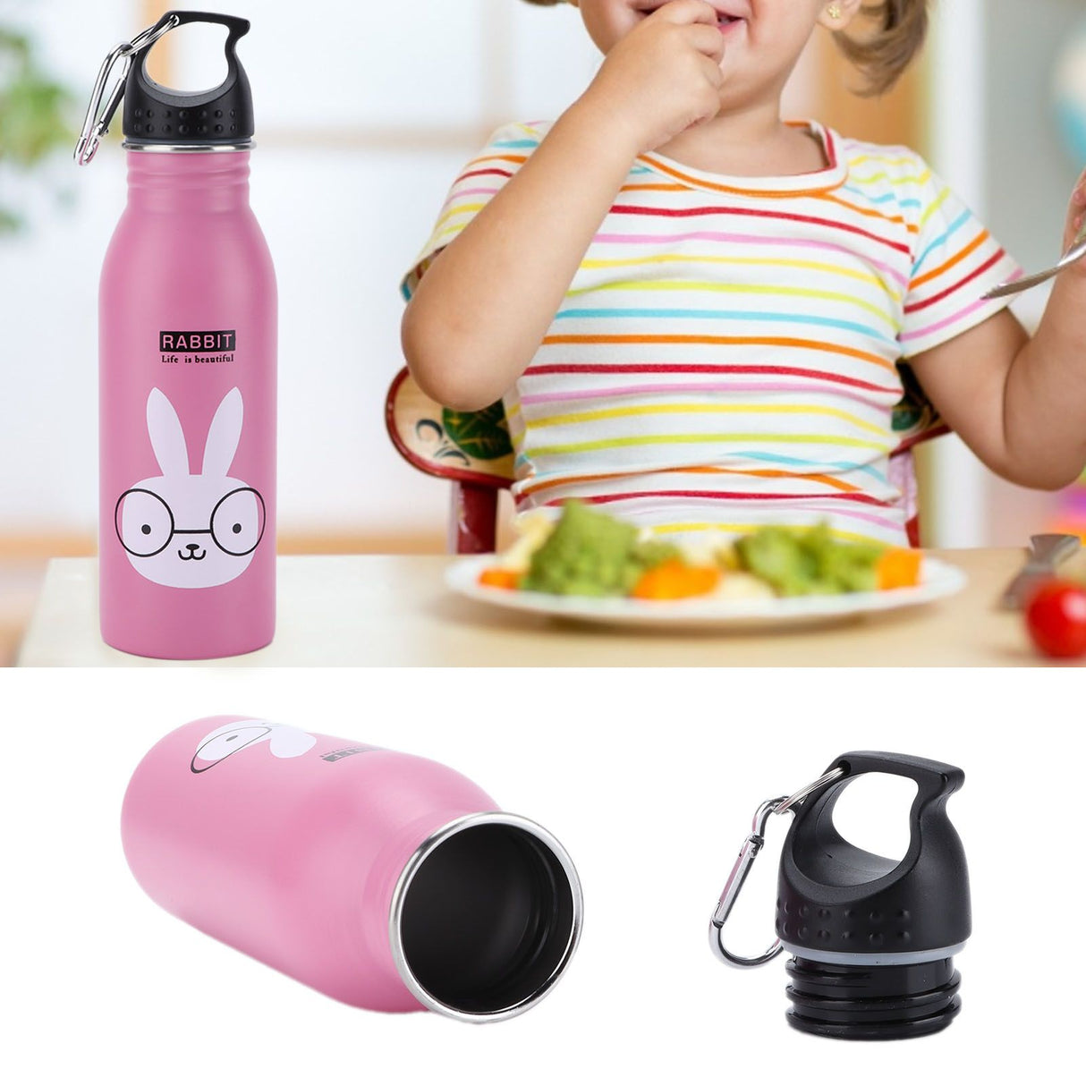 K601 Cute Cartoon Water Bottle Insulated Vacumm Stainless Steel Sport Water Bottle for KidPink Rabbit