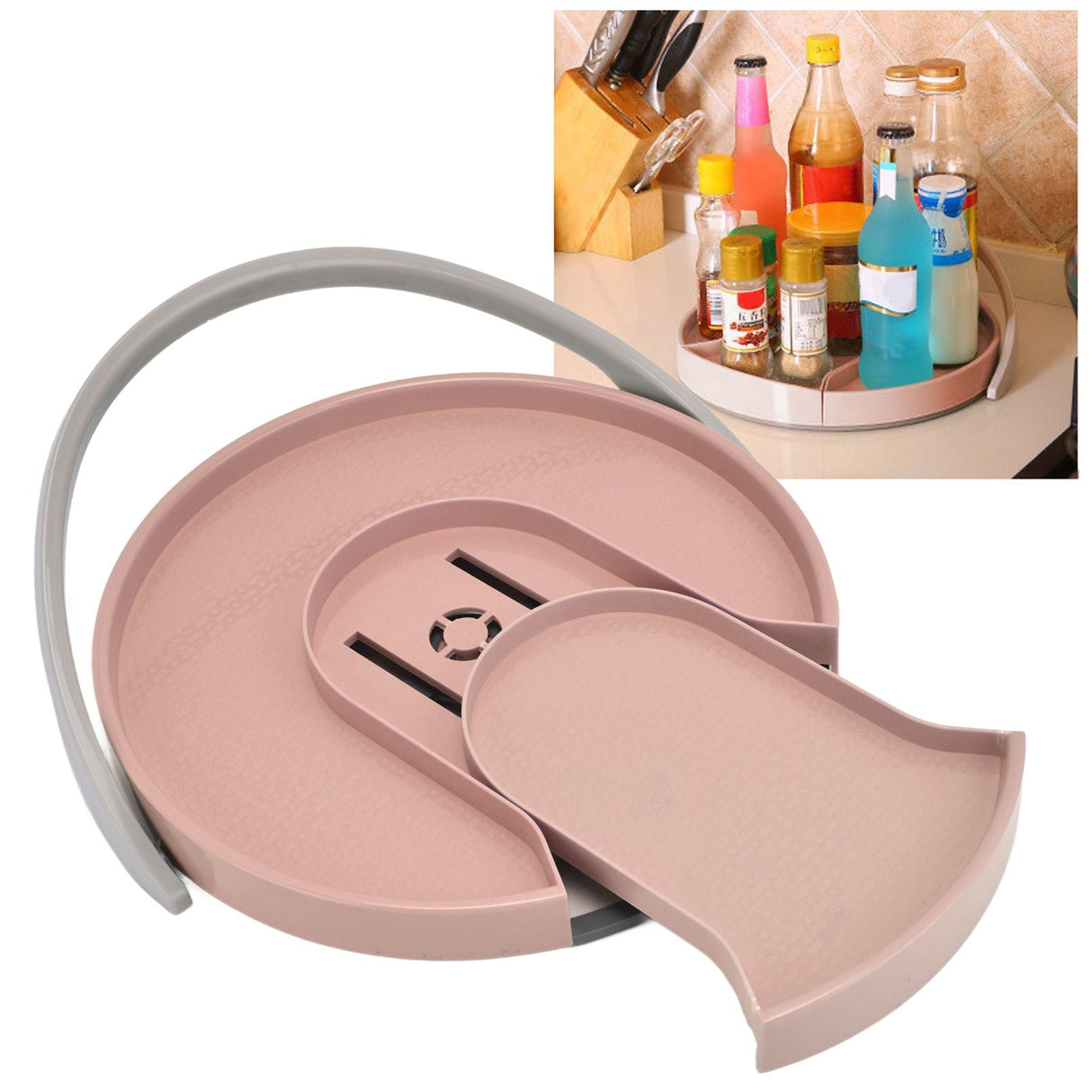 Kitchen Storage Turntable Non Skid Kitchen Spice Beverage Pull Out Organizer Rack for Kitchen Cabinets PantryPink