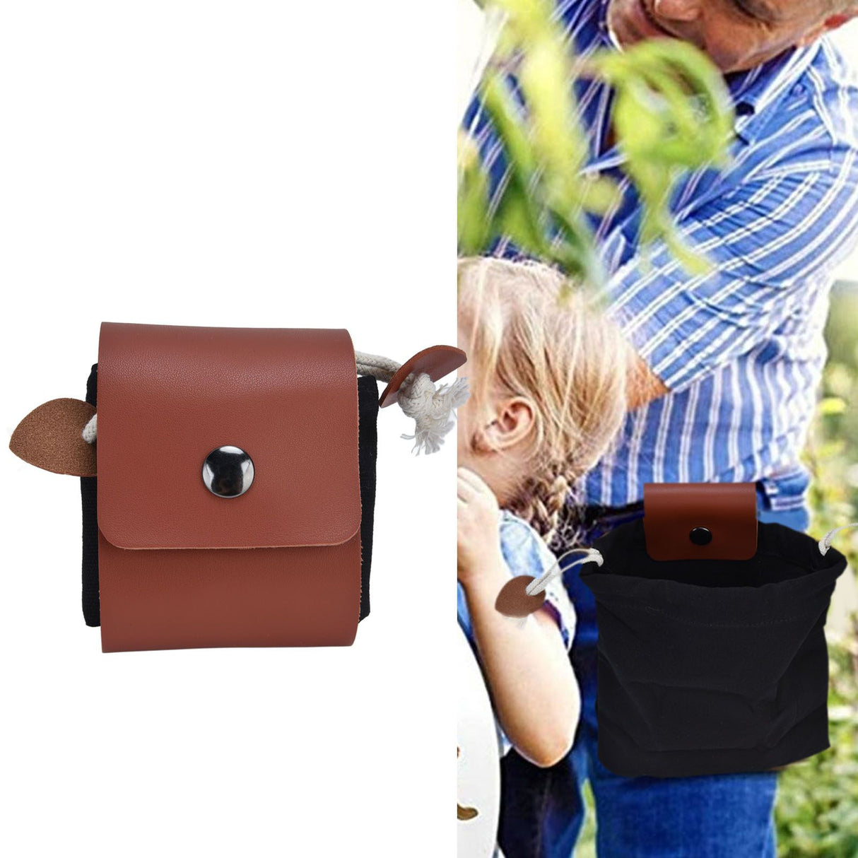 Foraging Pouch PU Leather Canvas Fruit Picking Storage Bag Waist Hanging Tool Bag for Outdoor CampingBlack