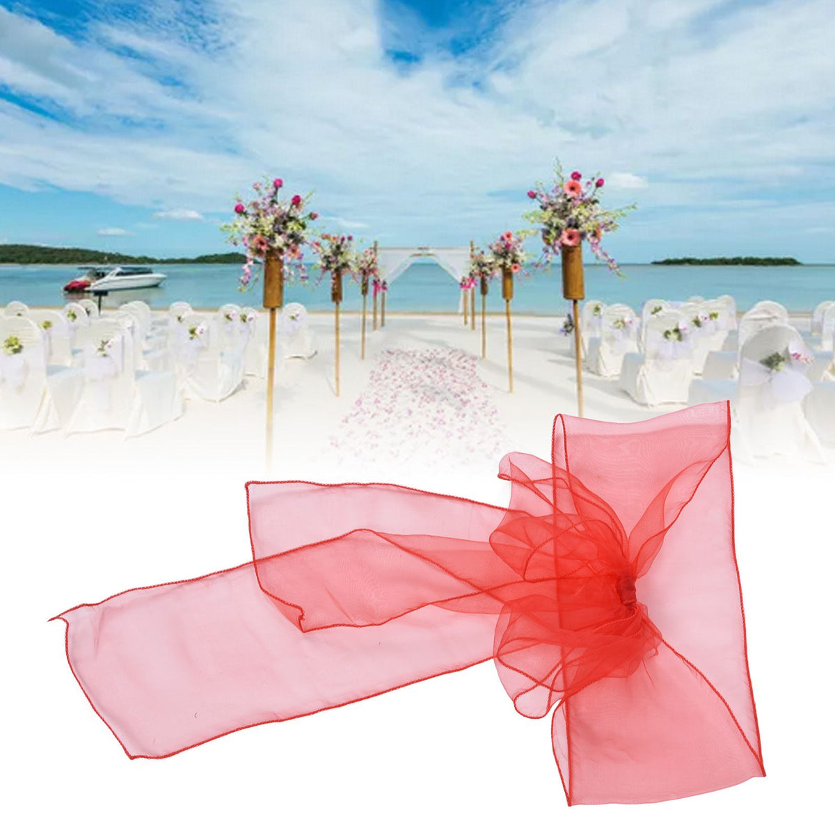 10Pcs Organza Banquet Chair Sash Exquisite Chair Bows Sashes for Wedding Party DecorationBright Red