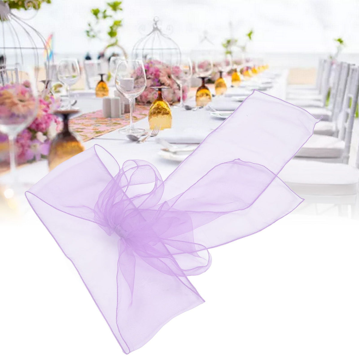10Pcs Organza Banquet Chair Sash Exquisite Chair Bows Sashes for Wedding Party DecorationLight Purple