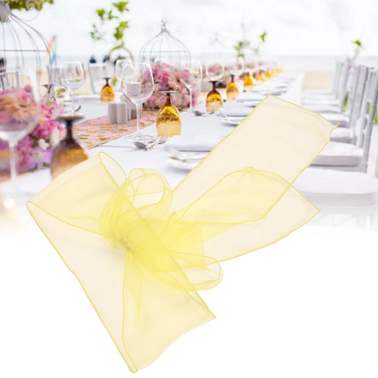 10Pcs Organza Banquet Chair Sash Exquisite Chair Bows Sashes for Wedding Party DecorationBright Yellow