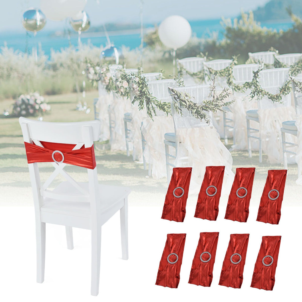10Pcs Chair Cover Bands Elastic Stretch Sashes Bows for Wedding Banquet Hotel DecorationBright Red