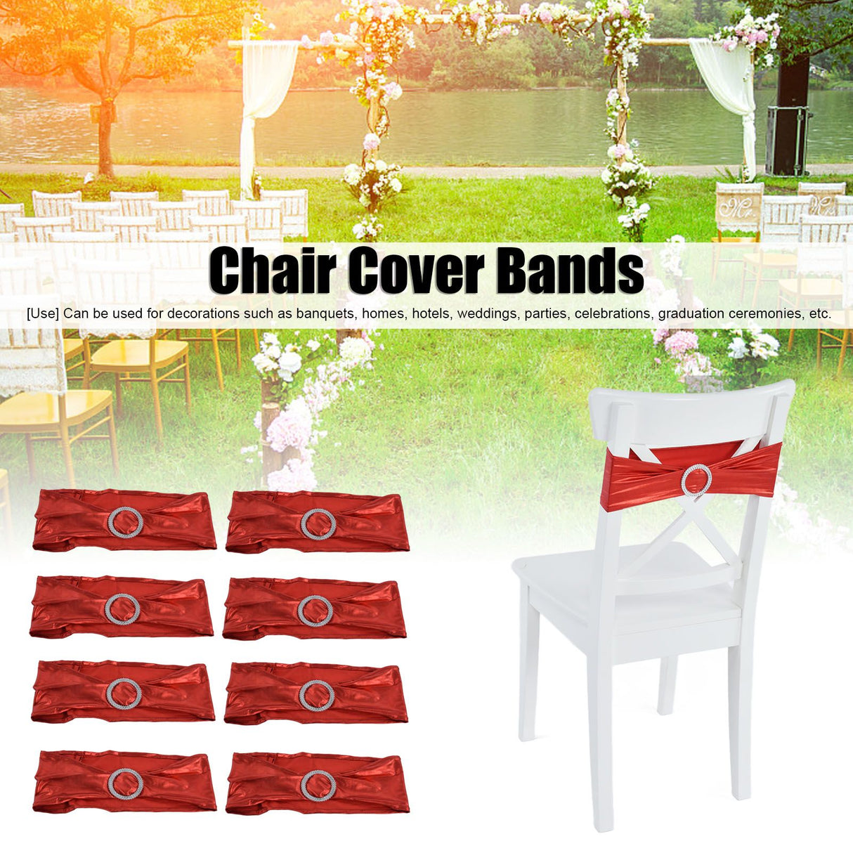 10Pcs Chair Cover Bands Elastic Stretch Sashes Bows for Wedding Banquet Hotel DecorationBright Red