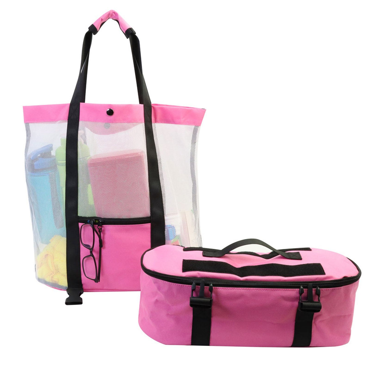 Beach Bags Mesh Cotton Oversized Storage Tote Bags for Beach Picnic Barbecue Camping Pink