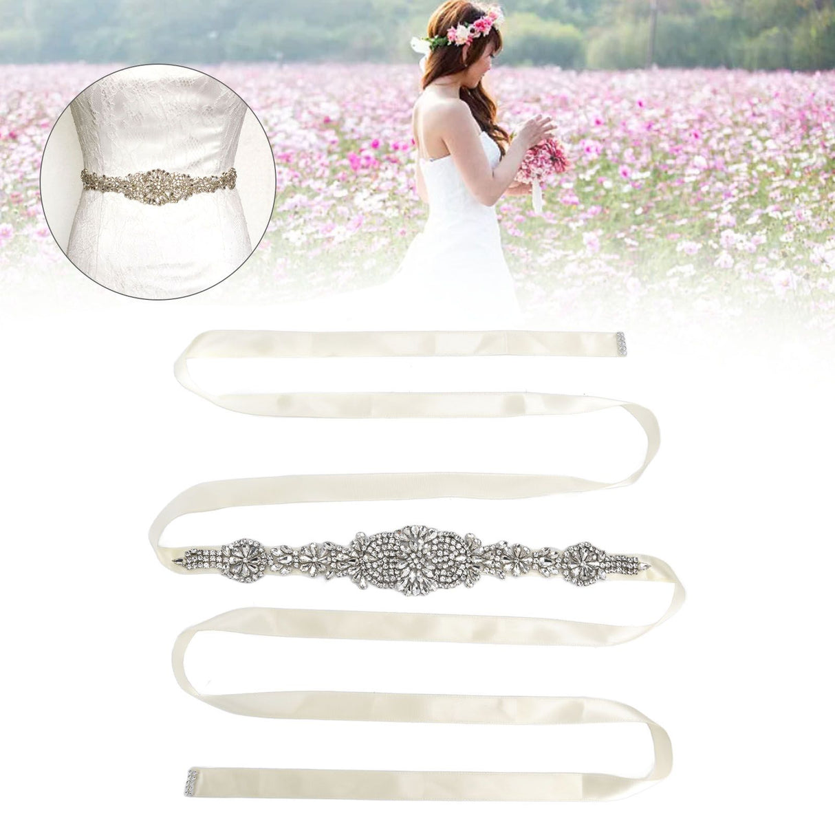 Rhinestone Wedding Dress Belt Elegant Waistbelt Clothes Accessories for Bride BridesmaidWhite