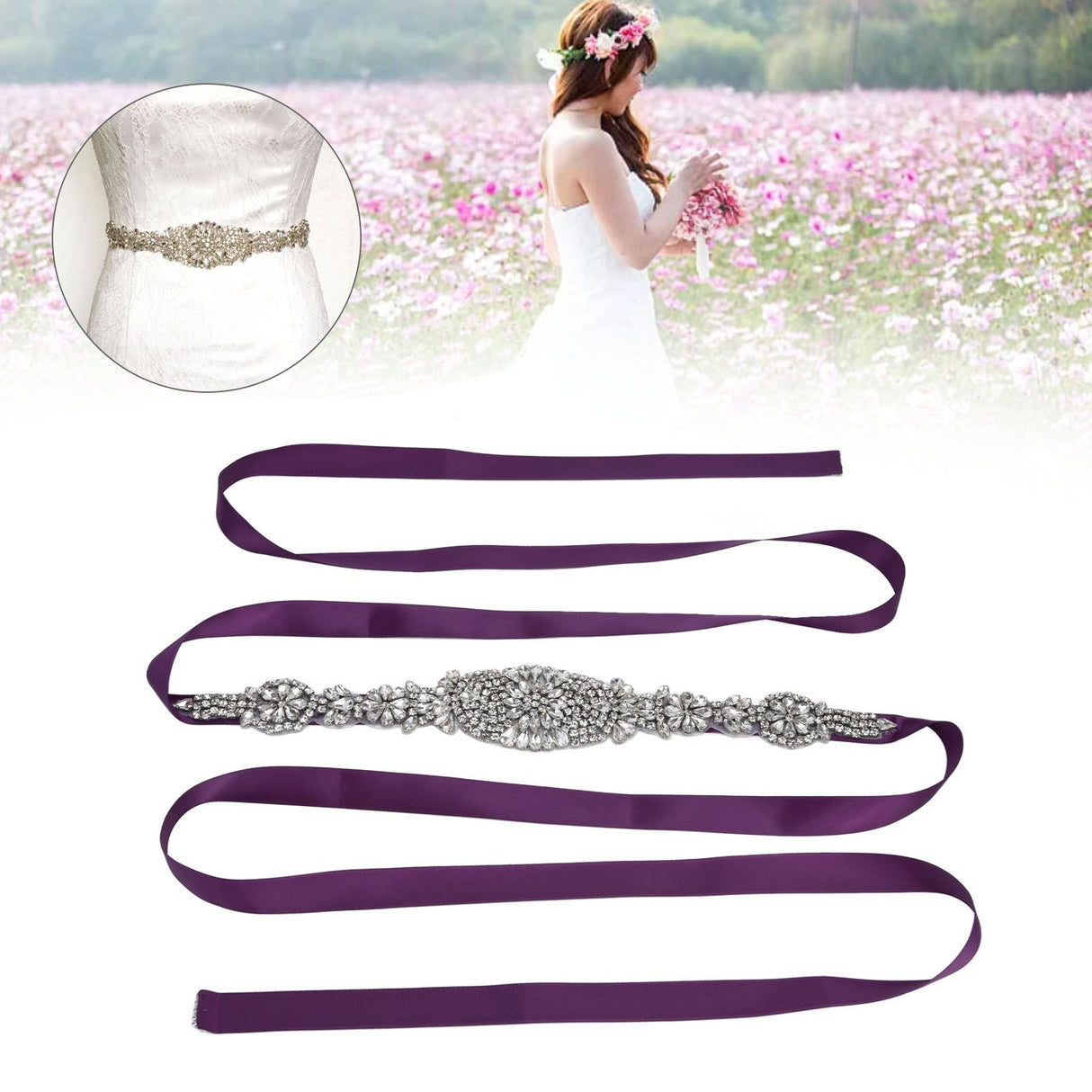 Rhinestone Wedding Dress Belt Elegant Waistbelt Clothes Accessories for Bride BridesmaidPurple