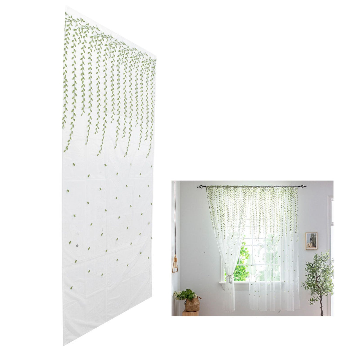 1x2.5m Green Willow Leaves Printed Modern Tulle Curtains Window Voile Curtain for Living Room Bedroom