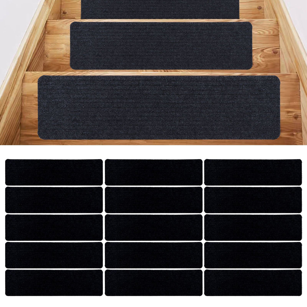 15 Pcs Stair Treads Cuttable Polyester Non Slip Soft Self Adhesive Stair Stripe Floor Mat CarpetBlack White Stripes