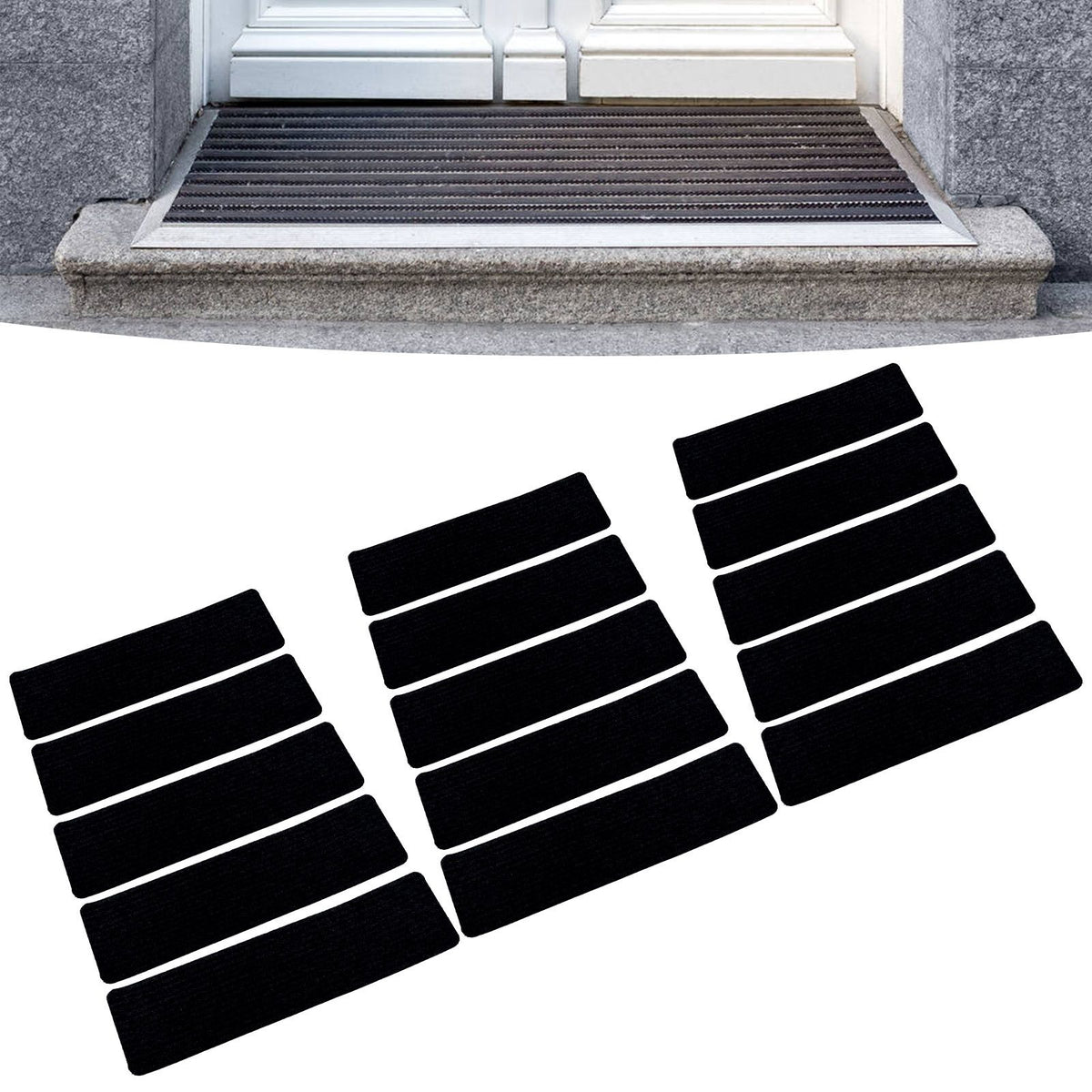 15 Pcs Stair Treads Cuttable Polyester Non Slip Soft Self Adhesive Stair Stripe Floor Mat CarpetBlack White Stripes