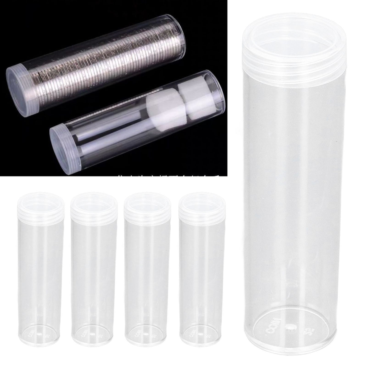 Round Clear Coin Tube Plastic Coin Storage Tubes with Cushion Sponge for 25mm / 0.98in Coins Collection