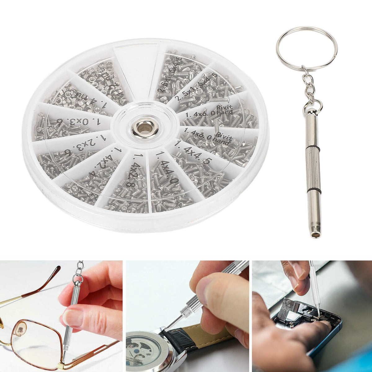 Screw Nut Assortment Kit 600pcs Watch Glasses Small Screw Nut Repair Kit with Screwdriver M1M1.2 M1.4 M1.6