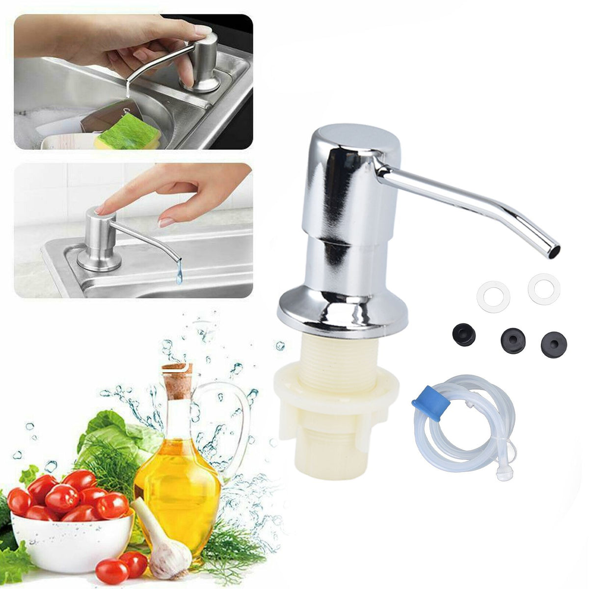 Sink Soap Dispenser Kit with Silicone Tube Stainless Steel Electroplating Sink Liquid Pump Head for Kitchen