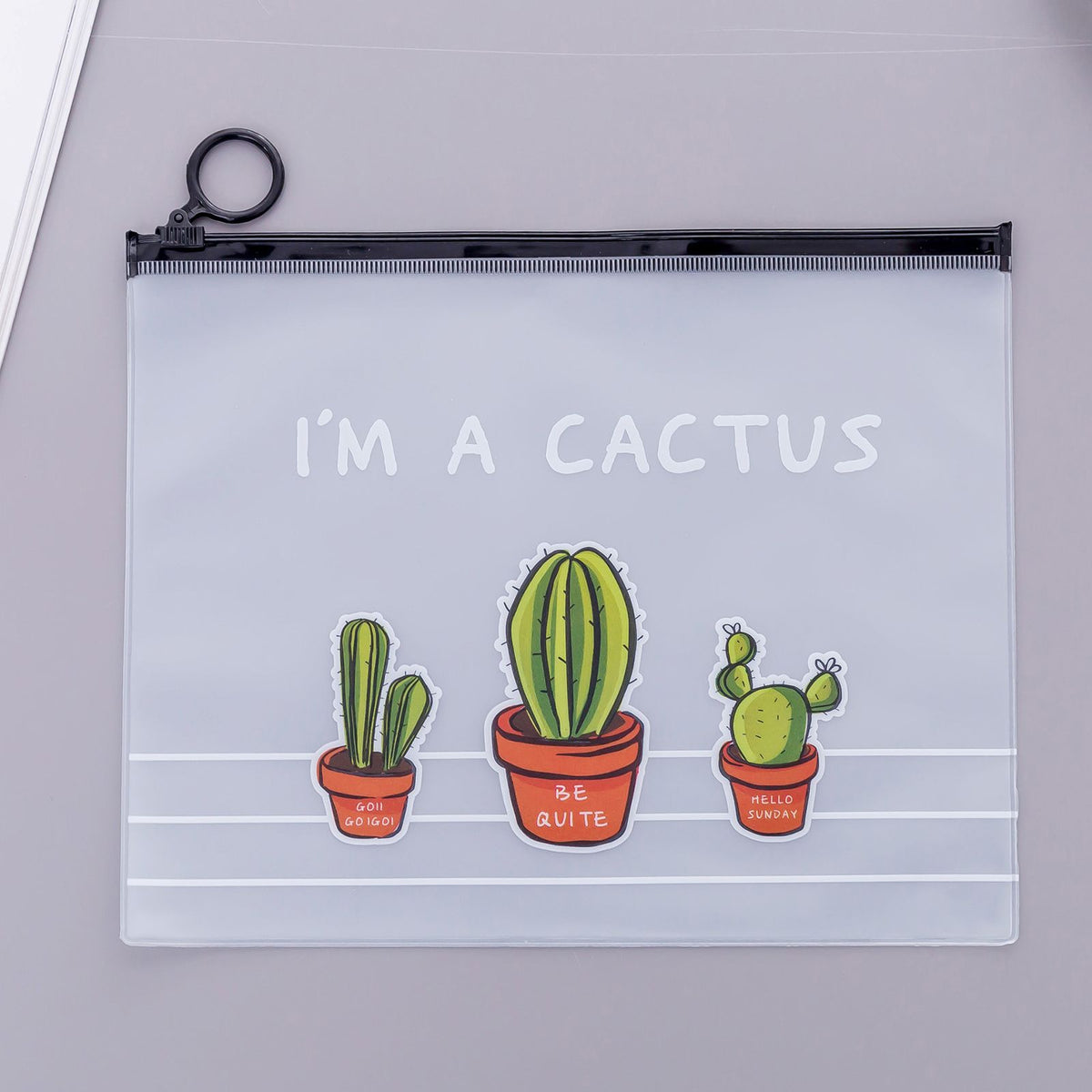 Cute File Pocket PVC Zipper Bag Transparent Pencil Case Large Capacity Stationery Storage Bag3 Cactus