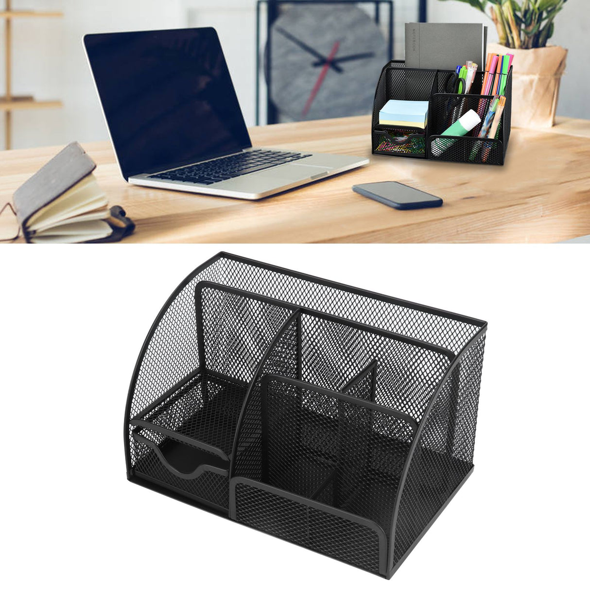 Desktop Mesh Pen Storage Holder 7 Compartments Multifunction Black for Home Sturdy Office