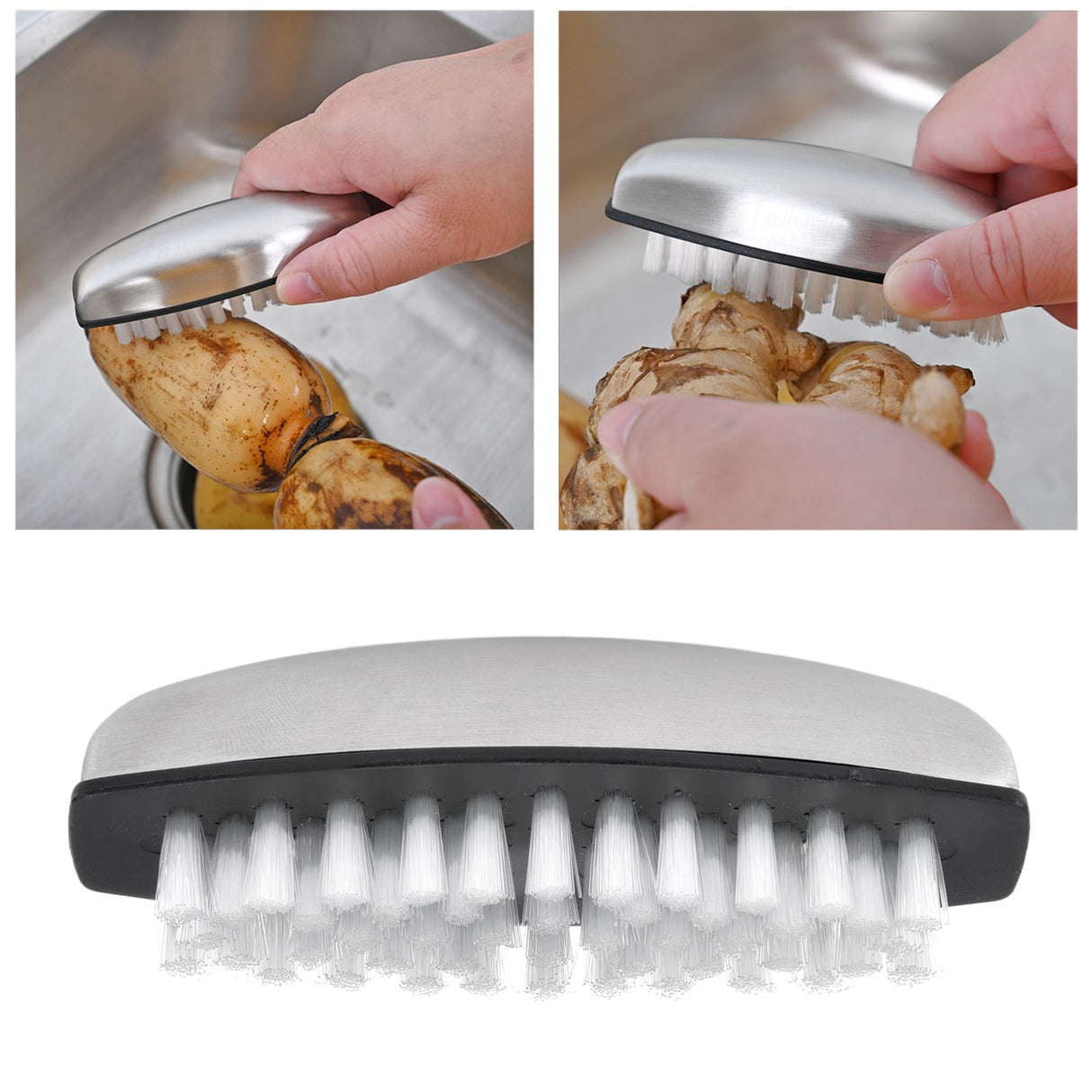 Fruit Vegetable Cleaning Brush 304 Stainless Steel Nylon Wool Multifunction Finger Nail Brush for Kitchen