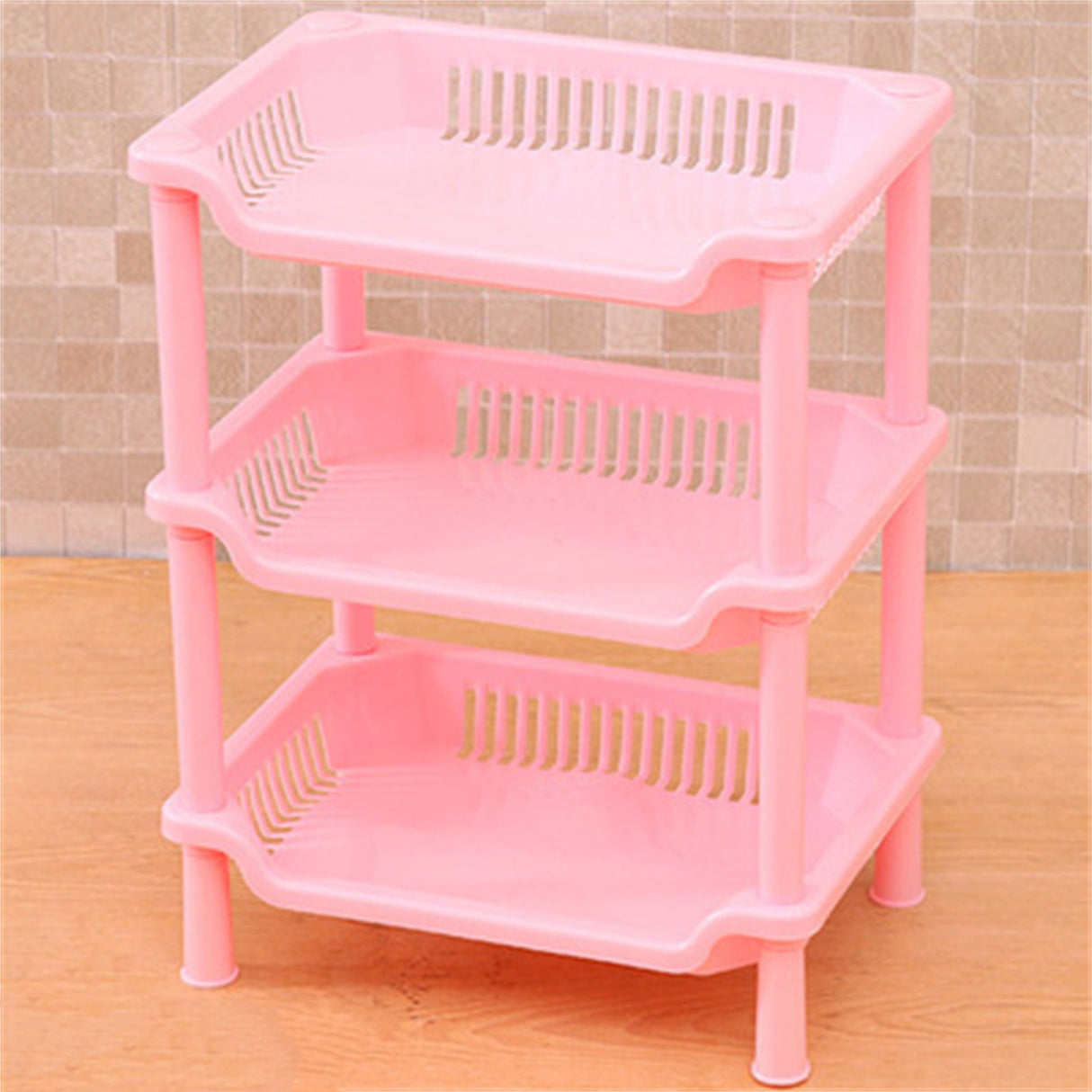 3 Layers Bathroom Standing Shelf Bathroom Stand PP Land Installation Bathroom Rack Storage Shelves for Bathroom KitchenPink Tetragonum